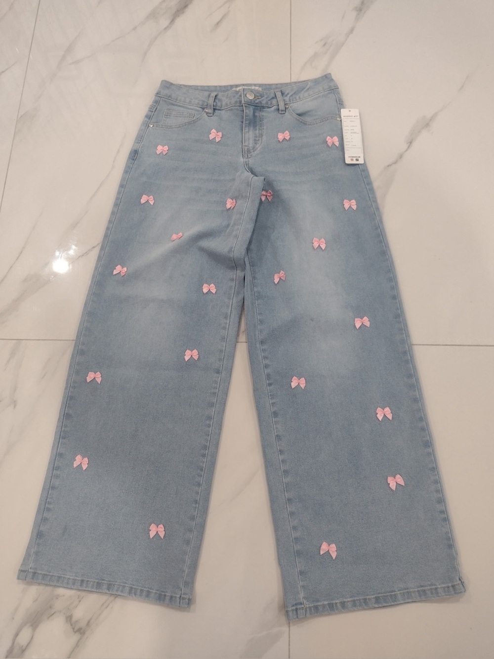 Madden Girl Light Blue Wide Leg Jeans with Pink Bow Accents